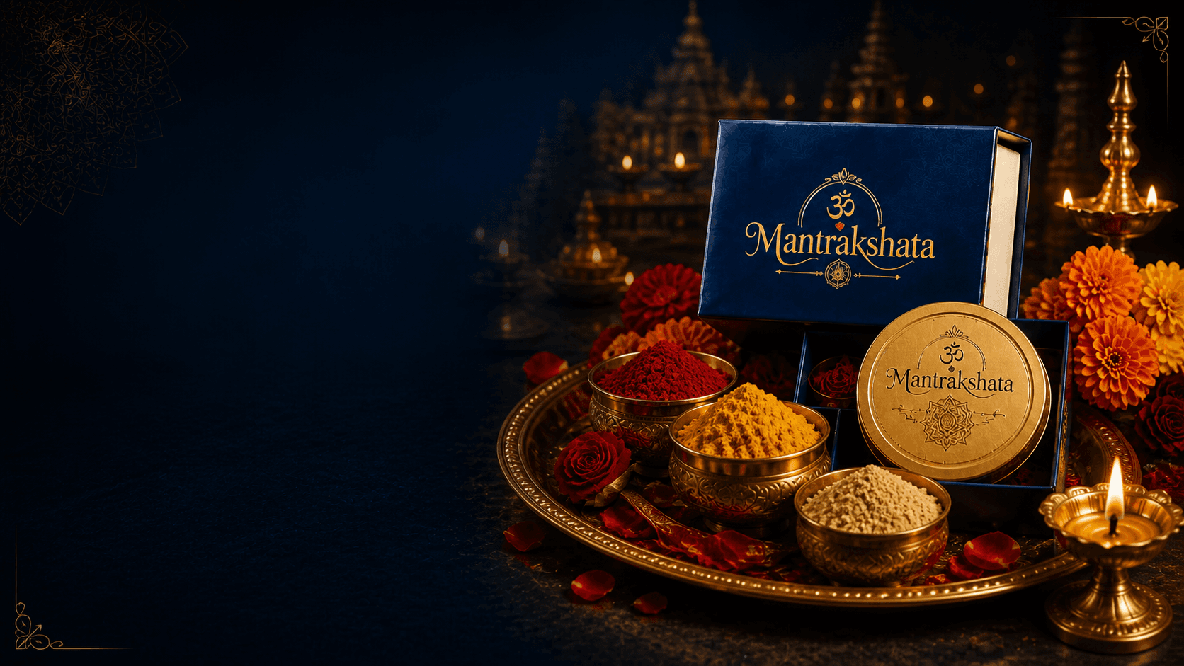 Mantrakshata package with Rose Kumkuma, Natural Arishina, and Sri Gandha Chandana arranged for pooja