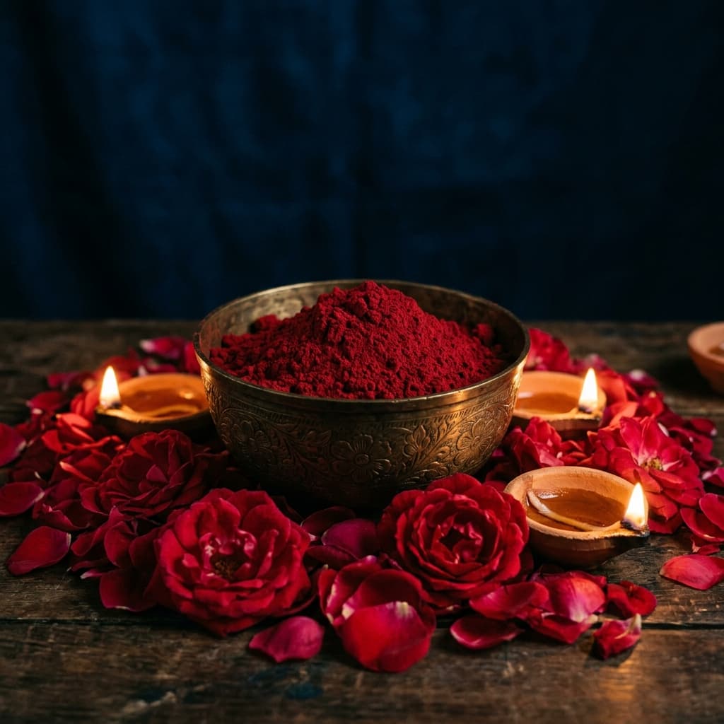 Rose Kumkuma surrounded by roses and diya light